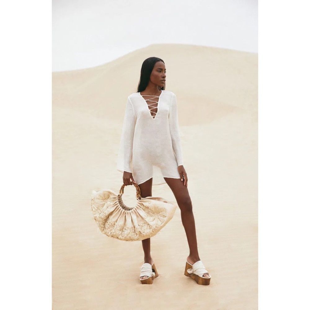 NWT Cult Gaia Womens Naomi Ivory Lace Up Sheer Swim Top Cover-Up L